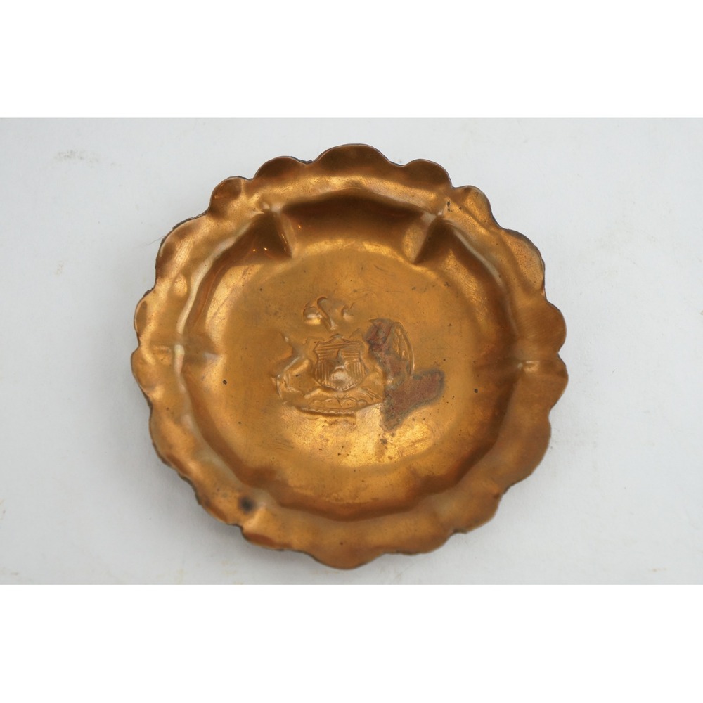 Vintage 1960s MCM Copper Trinket Dish Scalloped Eagle Crest Embossed Good